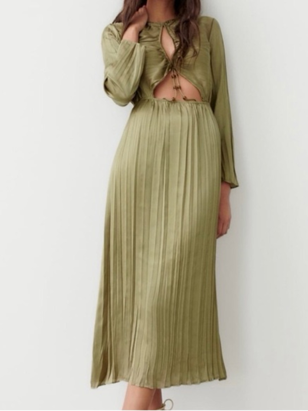 Zara Olive Green Long Sleeve Pleated Cutout Midi Dress